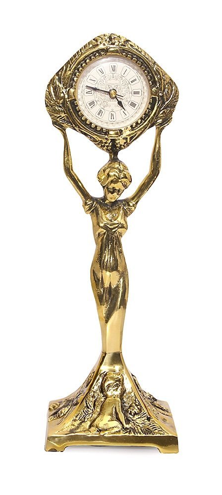  Mosiężny stojący zegar z figurą panna