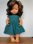 Olimi, sukienka z muślinu rozgwieżdżone niebo na ciemnym morskim dla lalki Miniland 38cm
