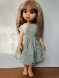 Olimi, sukienka z muślinu rogwieżdżone niebo na mięcie dla lalki Paola Reina 32cm