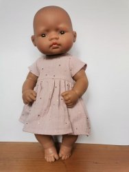 Olimi sukienka z muślinu rozgwieżdżone niebo na zgaszonym różu dla lalki Miniland 32cm
