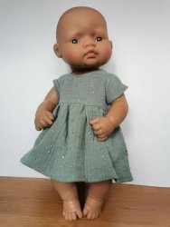 Olimi, sukienka z muślinu rozgwieżdżone niebo na szarej mięcie dla lalki Miniland 32cm