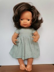 Olimi, sukienka z muślinu rozgwieżdżone niebo na mięcie dla lalki Miniland 38cm