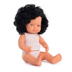 Miniland lalka Europejka z czarnymi, kreconymi włosami 38cm