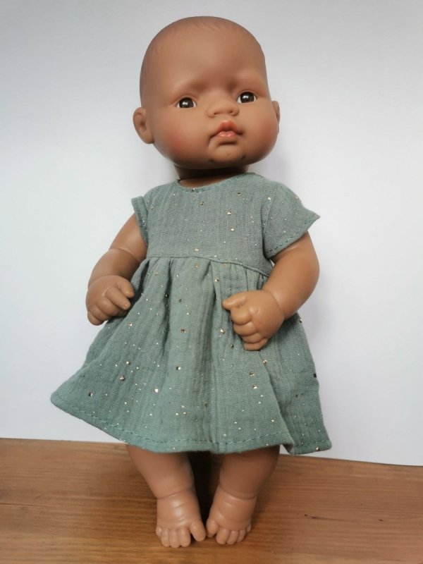 Olimi sukienka z muślinu rozgwieżdżone niebo na szarej mięcie dla lalki Miniland 32cm