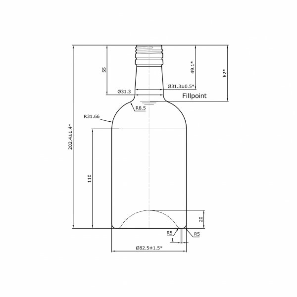 Rysunek techniczny: Szklana butelka Blanka gwint 500 ml na alkohol w ofercie hurtowej.