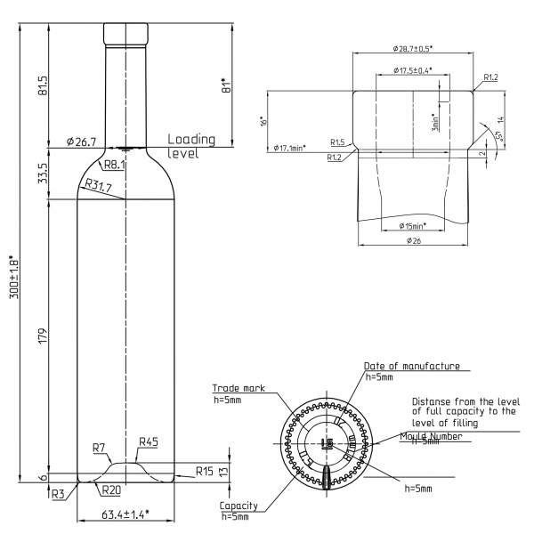 Rysunek techniczny: Szklana butelka Futura 500 ml na alkohol w ofercie hurtowej.