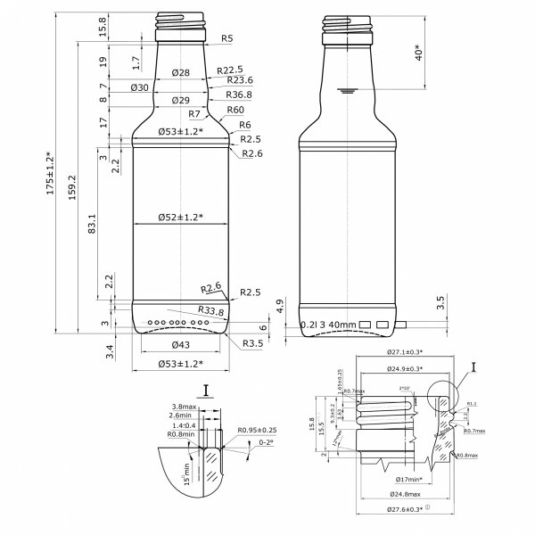 Rysunek techniczny: Szklana butelka Monopol 200 ml na alkohol w ofercie hurtowej.