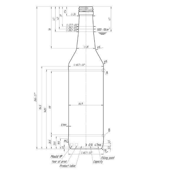 Rysunek techniczny: Szklana butelka Lieh 500 ml na alkohol w ofercie hurtowej.
