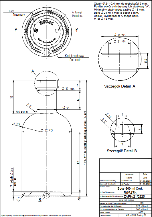 DGS Butelka Boss 500ml Korek - Paleta 1820 szt 