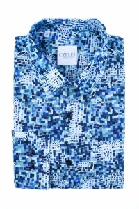 Koszula męska Slim CDR18 - 3D biała w niebieski geometryczny wzór 