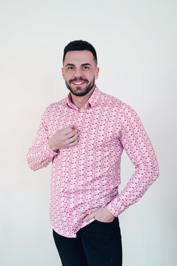 Koszula męska Slim CDR75 - 3D biała w różowy wzór
