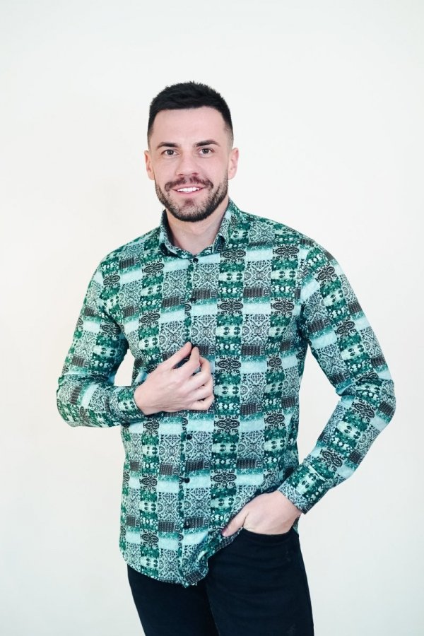 Koszula męska Slim CDR88 - 3D zielona w abstrakcyjny wzór