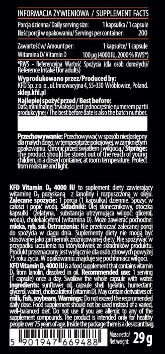 KFD Vitamin D3 4000 IU 200 kapsułek