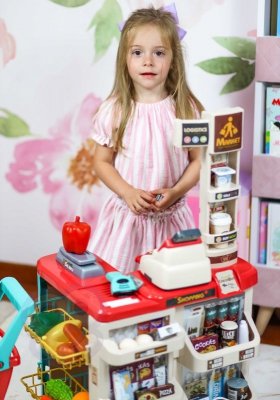 WOOPIE Sklep Supermarket z Wózkiem Sklepowym Waga Kasa Skaner + 48 Akc.