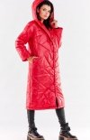 Pikowany długi płaszcz z kapturem czerwony A542-1