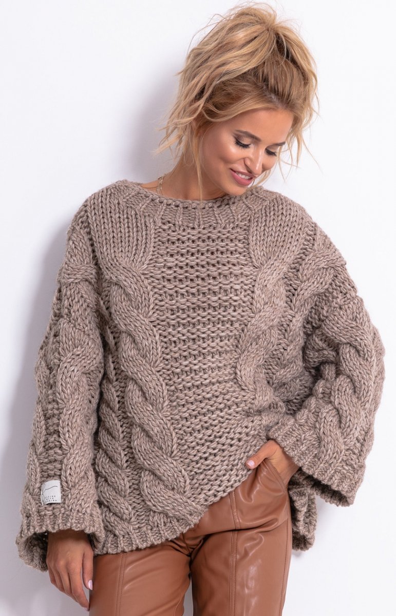 Ciepły sweter z wełny i alpaki mocca F780 - Swetry i Kardigany damskie