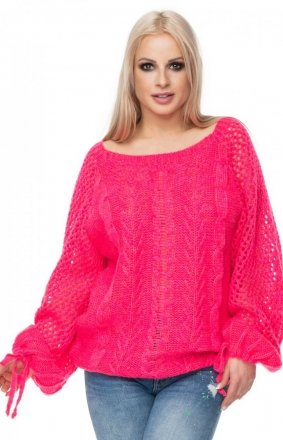 Oversizowy sweter damski z wiązaniami różowy 30061