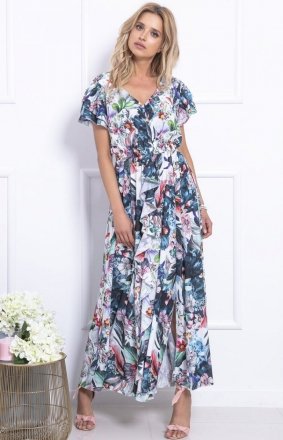 *Biało-niebieska sukienka maxi w kwiaty F718 *Biało-niebieska sukienka maxi w kwiaty F718