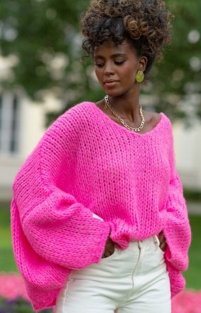 *Oversizowy sweter damski różowy F1256 *Oversizowy sweter damski różowy F1256