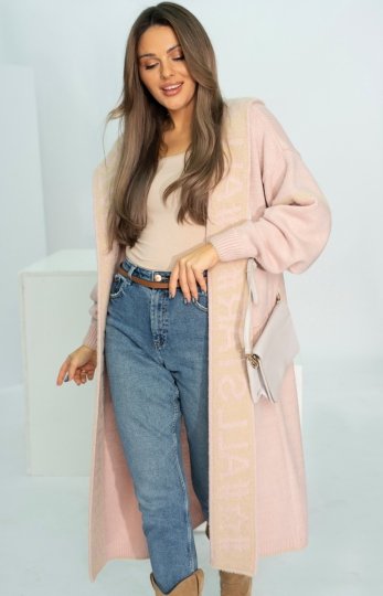 Długi sweter damski z kapturem Star pudrowy - polska marka
