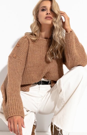 Oversizowy sweter z guziczkami karmelowy F1265