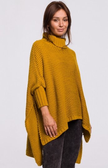 Musztardowe poncho z golfem BK049