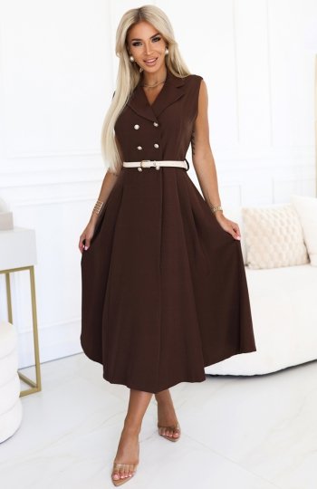 Numoco 596-4 elegancka szmizjerka midi ze złotymi guzikami i paskiem 