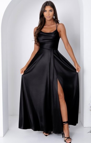 Duet Valeria satynowa długa sukienka z wiązaniem gorsetowym czarna 
