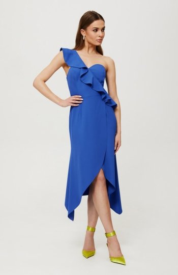Makover sukienka z falbaną na jedno ramię niebieska K185 