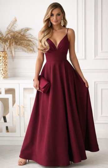 Bordowa balowa długa sukienka z rocięciem i sznurowaniem 