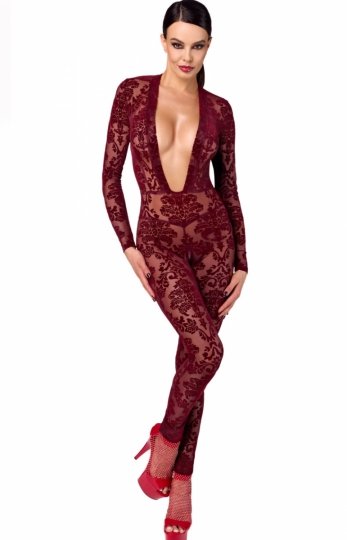 Bordowy koronkowy kombinezon damski F382