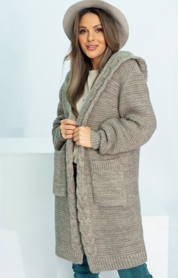 Długi kardigan typu płaszczyk HENA z kapturem mocca