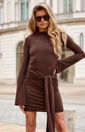Mini sukienka brązowa z szarfą wiskoza - polska marka