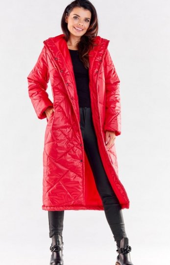 Pikowany długi płaszcz z kapturem czerwony A542