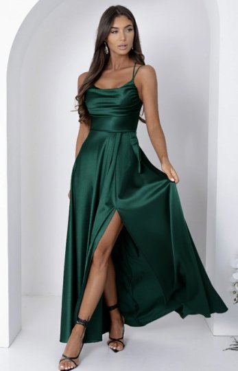 Duet Valeria satynowa długa sukienka z wiązaniem gorsetowym butelkowa 
