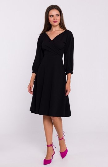 Stylove S383 sukienka rozkloszowana z wiązanymi rękawami czarna 