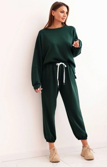 Komplet damski masełkowy z luźną bluzą i spodniami ciemny zielony
