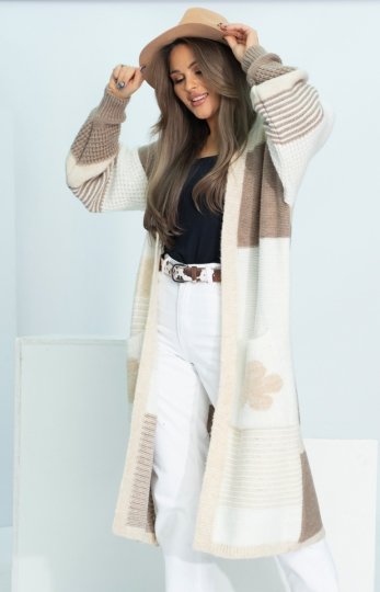 Oversizowy długi kardigan damski z kiszeniami Marbelio beż - polska marka