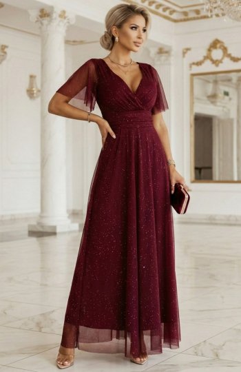 Numoco 635-5 MELANIA długa błyszcząca suknia z dekoltem i krótkim rękawkiem 