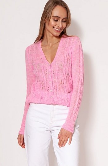 MKM SWE267 ażurowy, rozpinany sweterek damski baby pink 