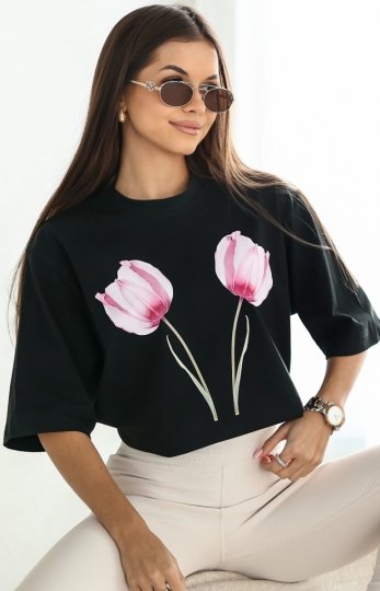 Oversizowy t-shirt Dwa Tulipany czarny