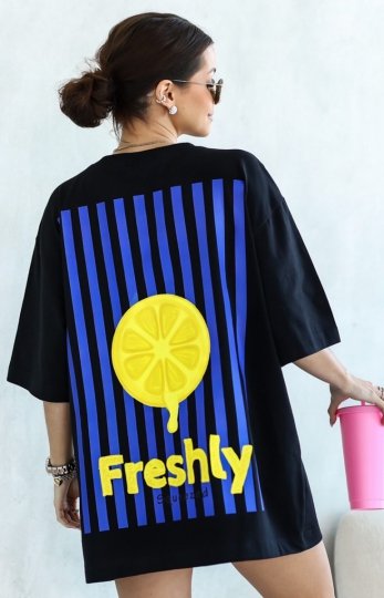 Oversizowy t-shirt damski długi cytryna czarny