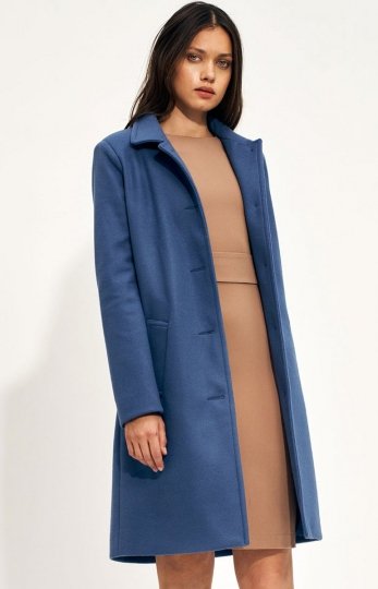 Jednorzędowy płaszcz z wełną niebieski PL18