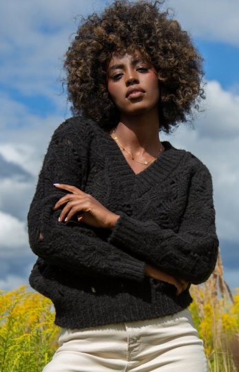 Ażurowy sweter z dekoltem czarny F1482