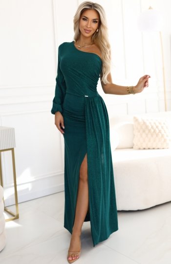 Numoco 658-2 połyskująca brokatowa sukienka maxi na jedno ramię z asymetrycznym rękawem i rozcięciem 