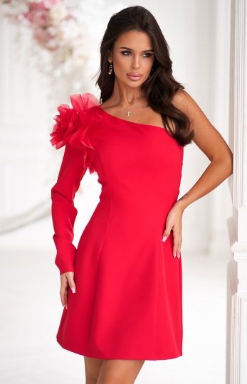 Asymetryczna krótka sukienka z ozdobnym kwiatem czerwona