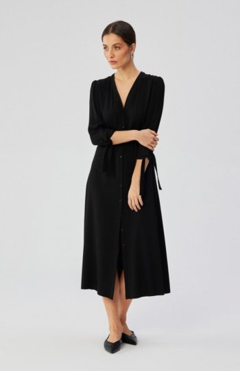 Stylove S365 sukienka midi z wiązanymi mankietami czarna 