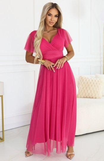 Numoco 562-9 NASTIA długa sukienka z dekoltem, wiązaniem i krótkim rękawkiem 