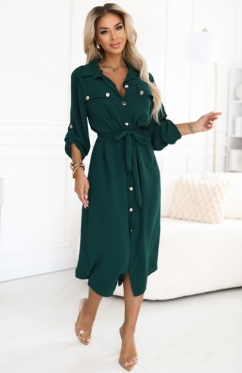 Numoco 531-7 szmizjerka midi ze złotymi guzikami i wiązaniem 