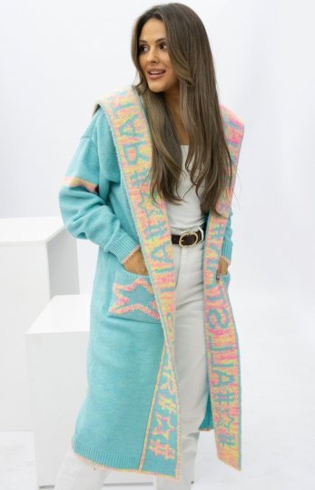 Długi turkusowy sweter damski z kapturem Star - polska marka